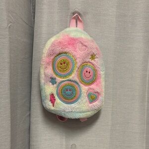 Unbranded Rainbow Colorful Faux Fur Mini Kids Backpack with Smiley Faces